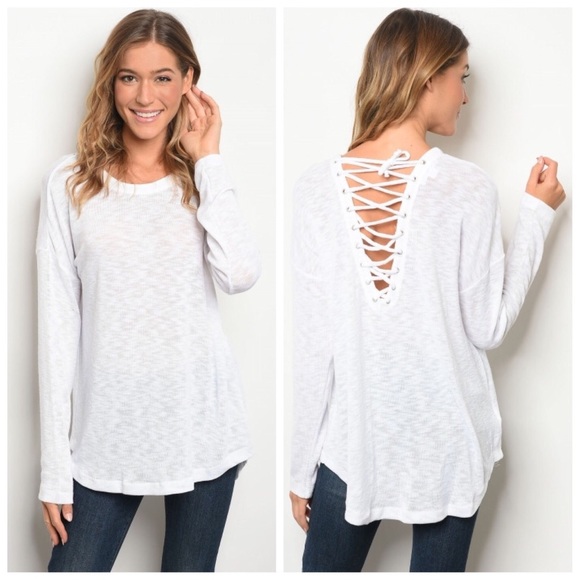 Blancheaux Tops - White long sleeve lace-up back sweater top